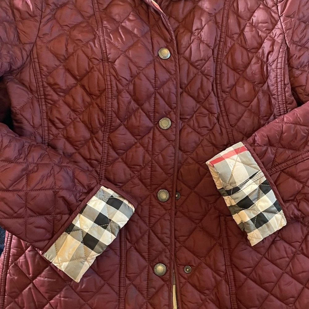 Quilted Burgundy Jacket with Plaid Cuffs